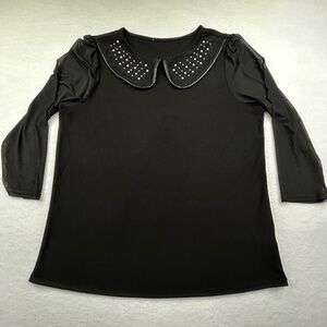 Ann Taylor Loft Women Black Wednesday Adams Peter Pan Collar Blouse Sequins